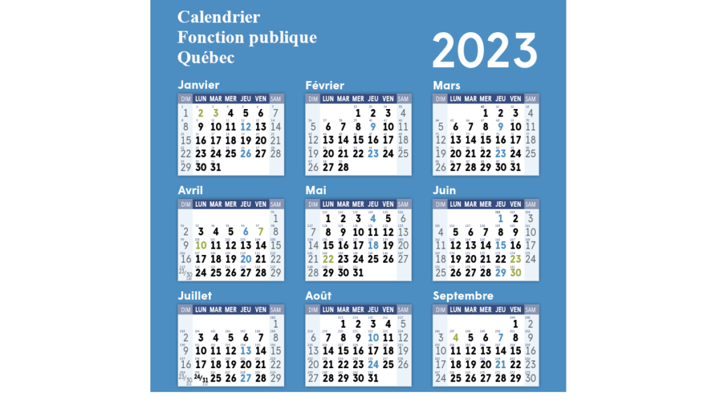 Calendrier fonction publique Québec 2023 SPGQ Jours fériés