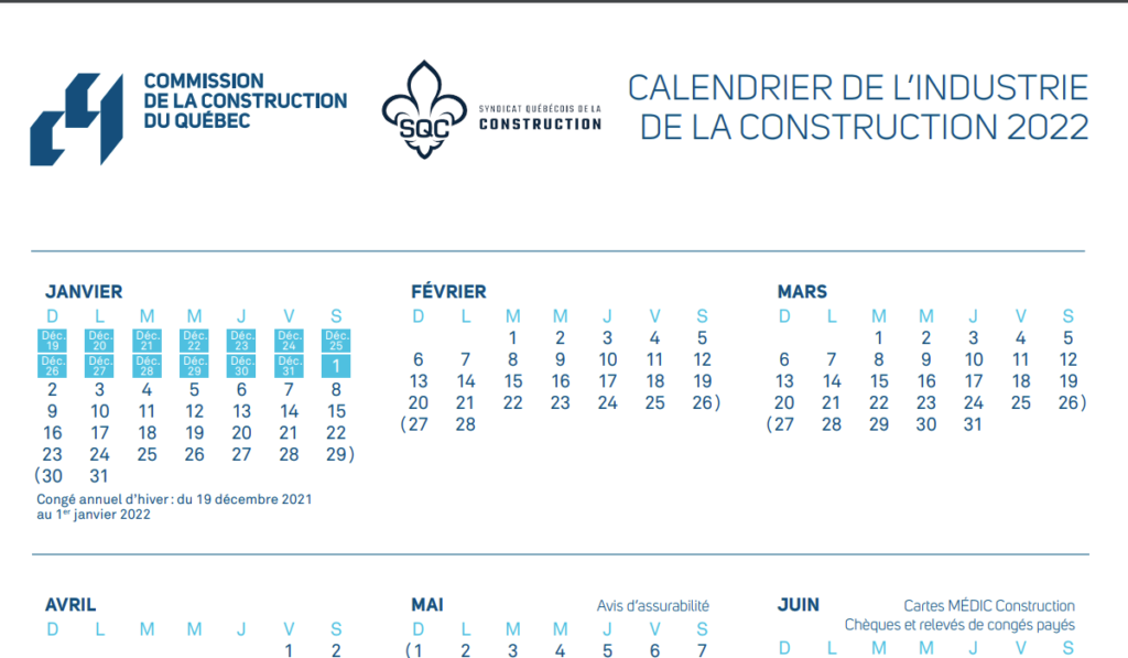 calendrier ccq 2022