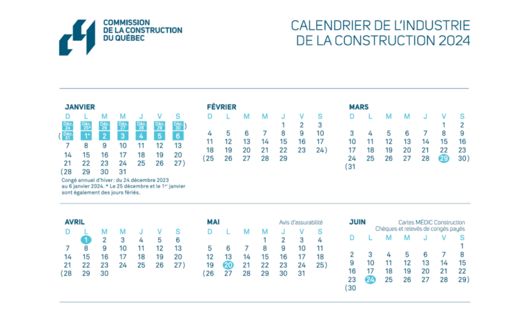 calendrier ccq 2024