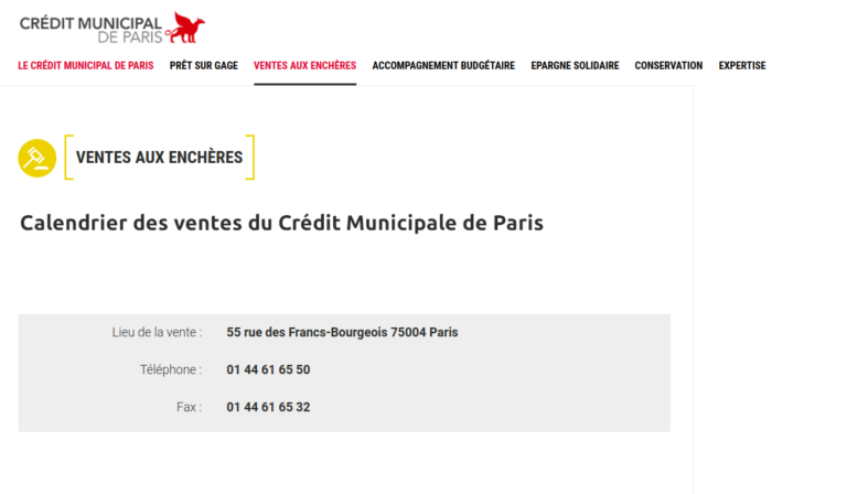 calendrier des ventes du Crédit Municipale de Paris