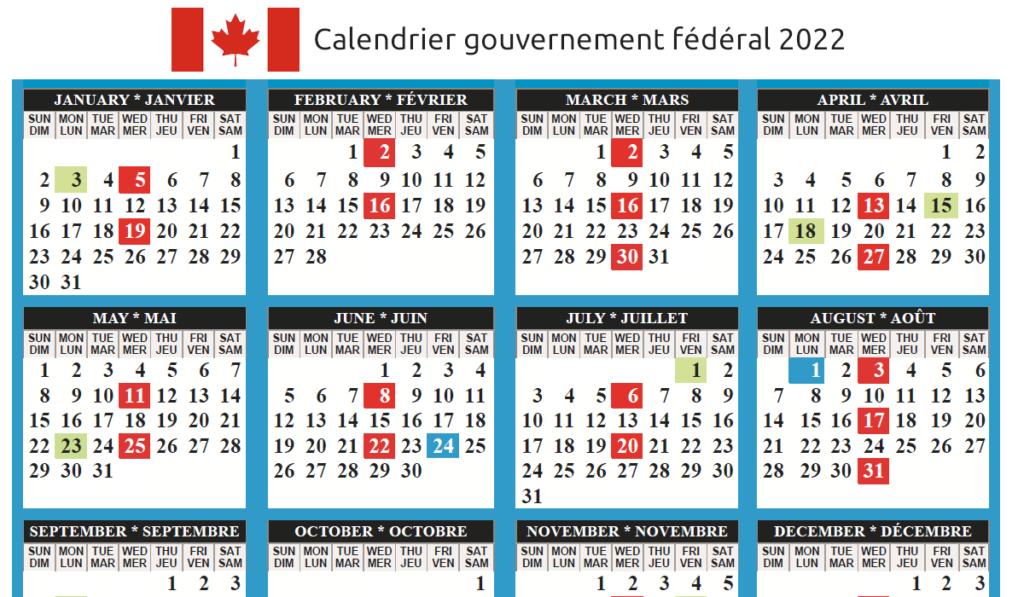 calendrier gouvernement fédéral 2022