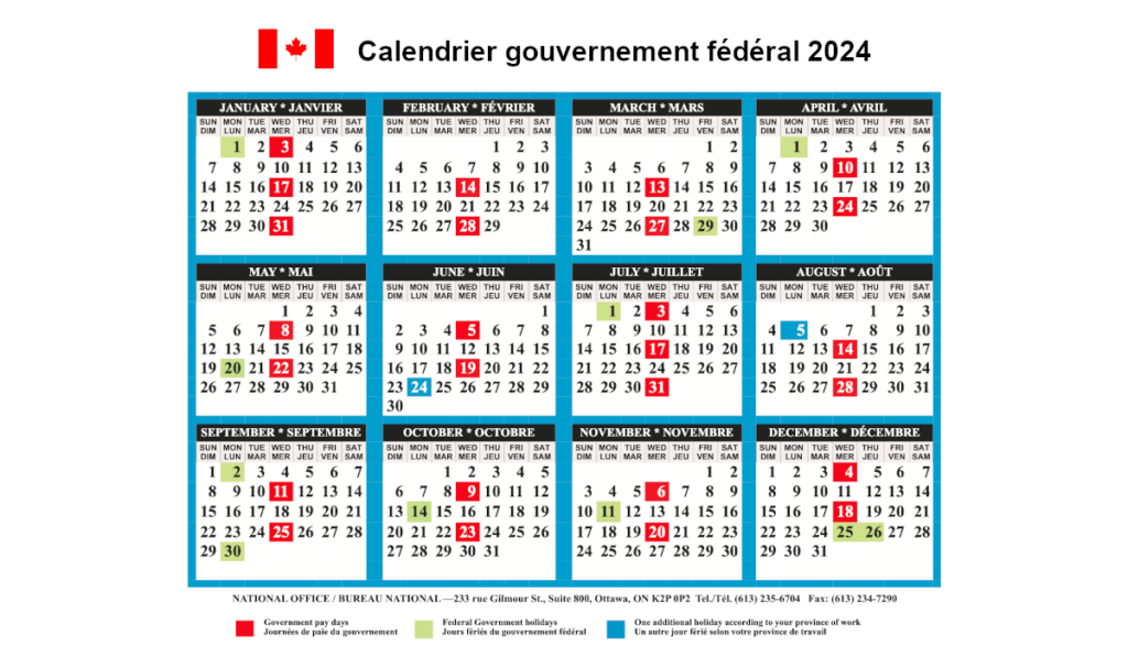 Calendrier gouvernement fédéral 2024 Les jours fériés payés