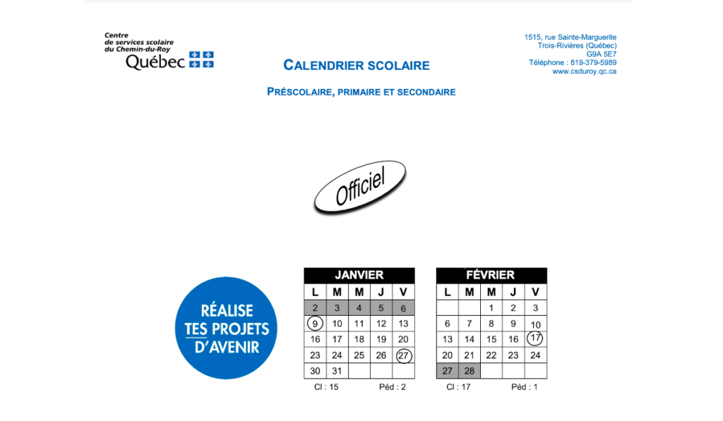 calendrier scolaire Chemin du Roy 