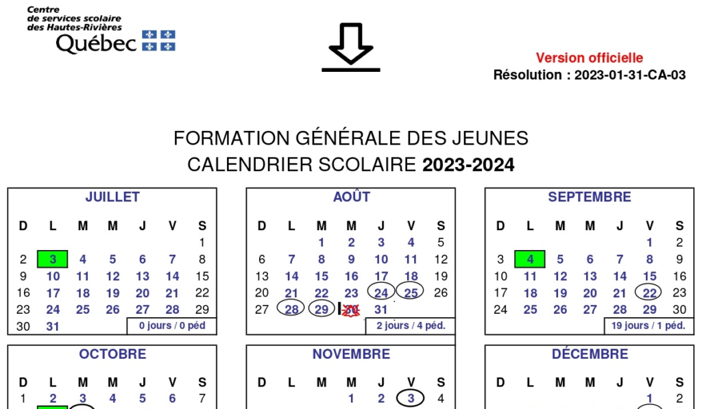 calendrier scolaire csdhr 2023 2024