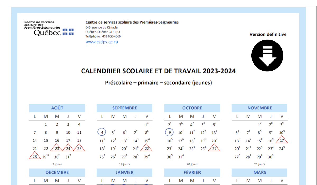 calendrier scolaire CSDPS