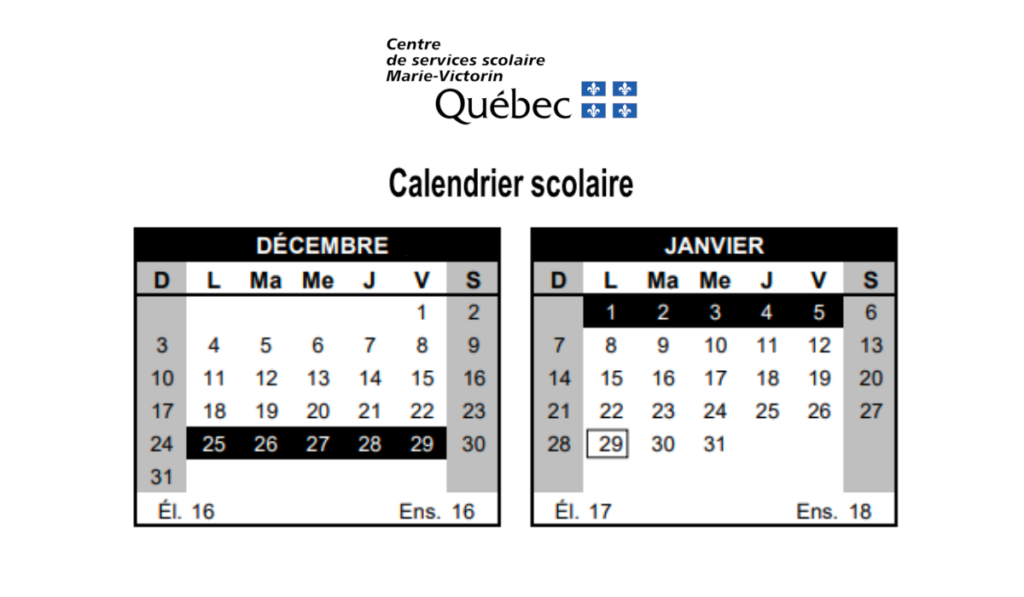 Calendrier scolaire CSMV