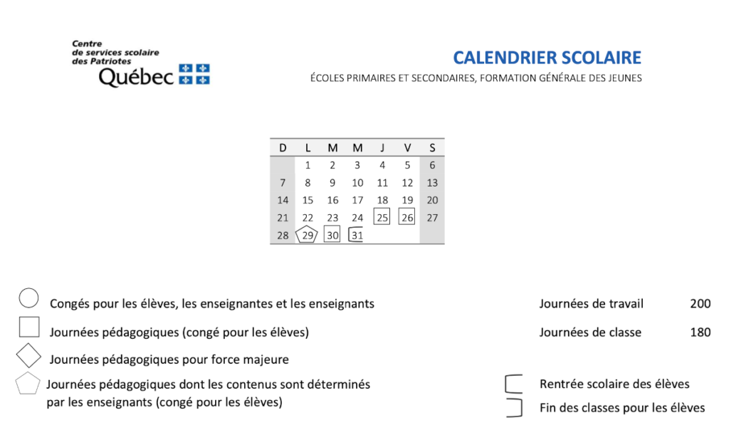 calendrier scolaire csp